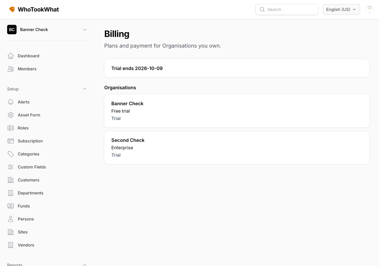 The Billing index listing owned Organisations
