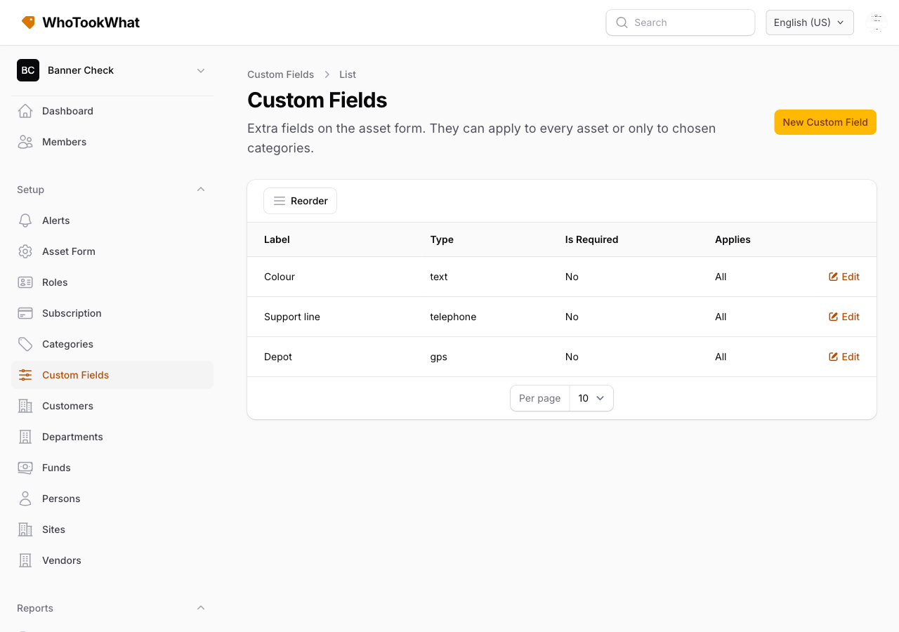 The Custom Fields list