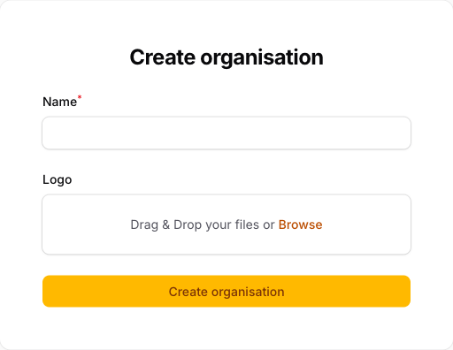 The Create Organisation form with a name field and optional logo