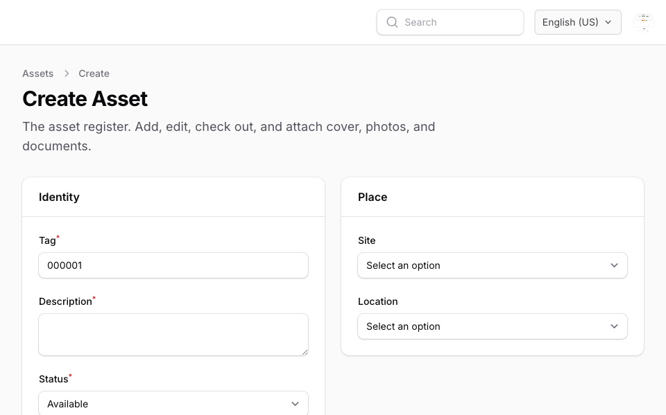 The add-asset form with tag and description