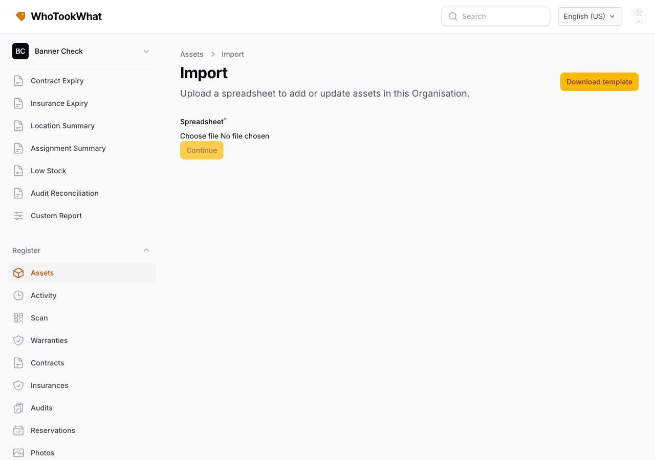 The Import page with a spreadsheet upload and template download