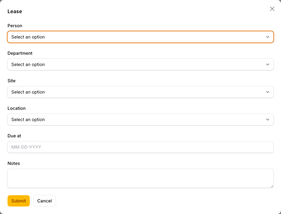 The Lease dialog with person, place, and due date