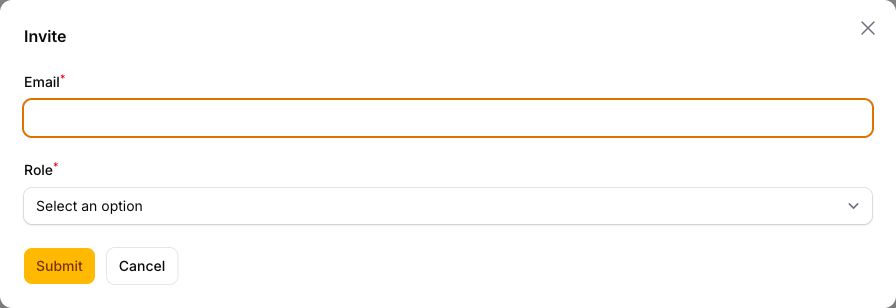 The Invite dialog with email and role