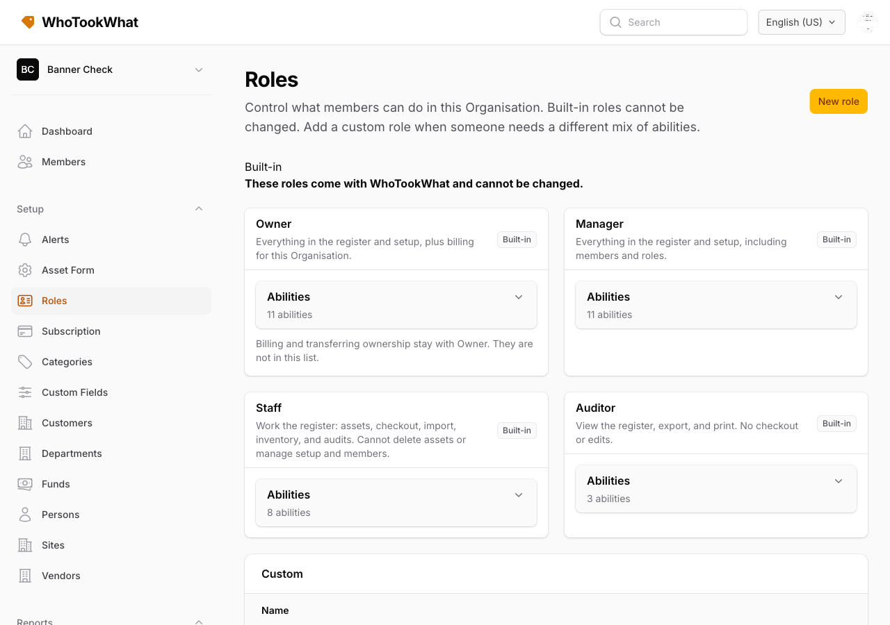 The Roles page with built-in roles and a custom role