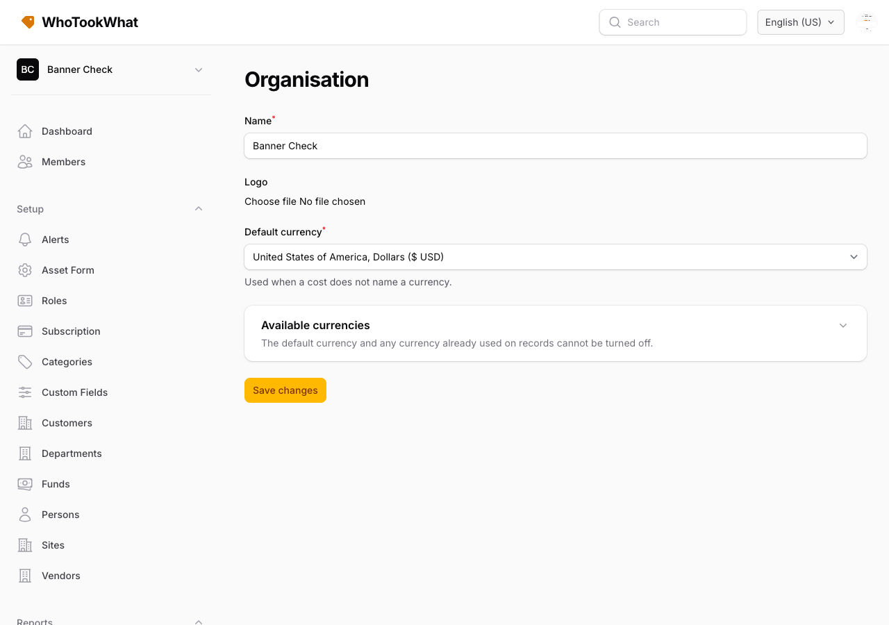 The Organisation profile with name, logo, and currency