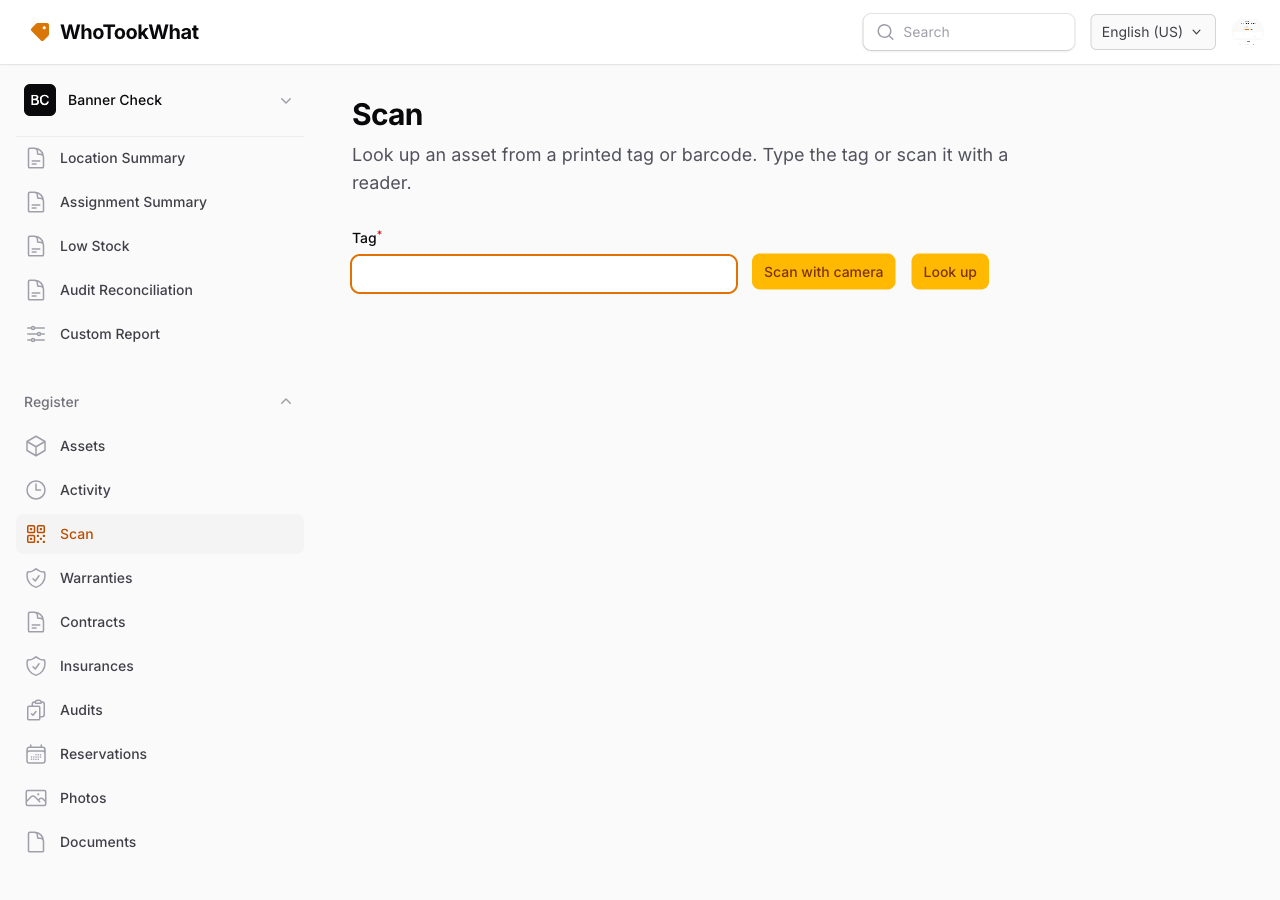 The Scan page with a tag field, Scan with camera, and Look up