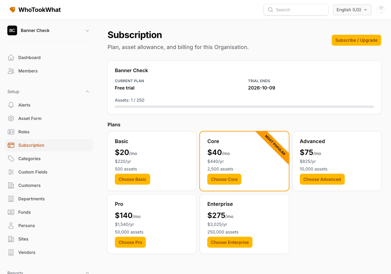 The Subscription page with plan choices