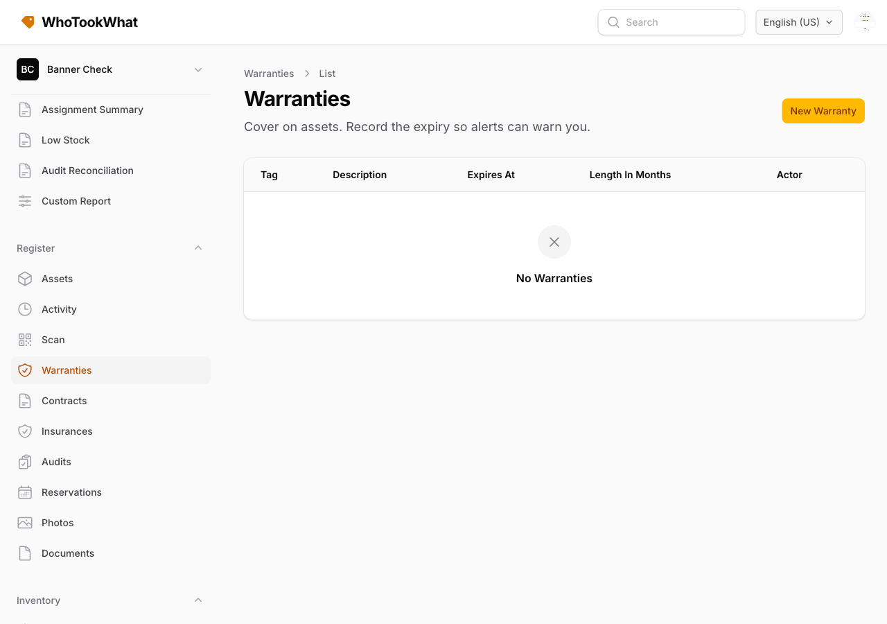 The Warranties list